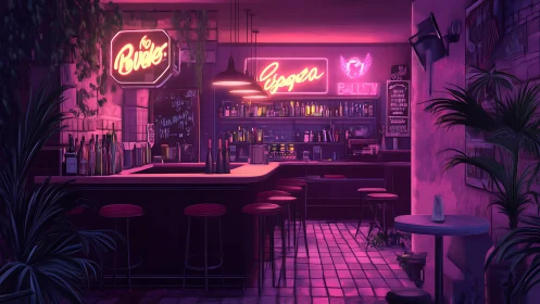 Neon lit bar interior with bottles, stools and wall plants.