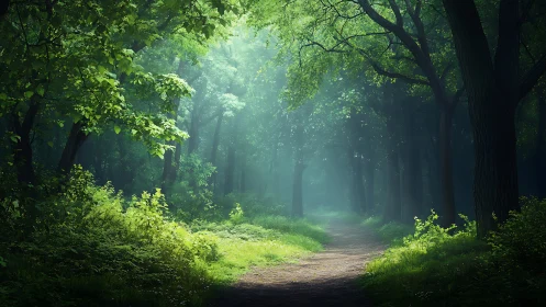 Sunlit forest pathway with lush greenery, misty morning light.