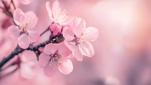 Soft pink cherry blossoms glow gently in dreamy spring light
