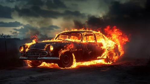 Vintage Automobile Engulfed in Massive Flames.