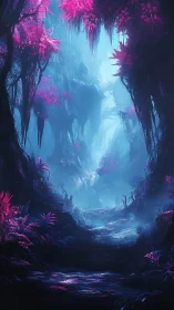 Neon forest canyon glows beneath ethereal blue mist.