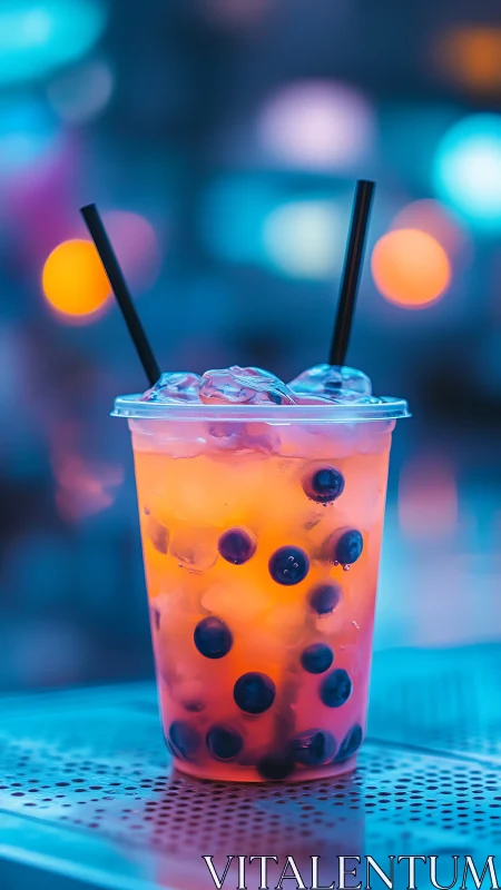 Vibrant Boba Tea Drink with Glowing Nighttime Backdrop.