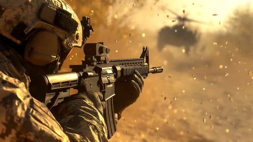 Soldier aims rifle amid sandstorm and helicopter firestorm.