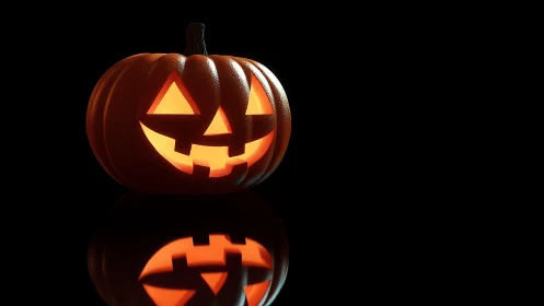 Glowing Jack-o’-Lantern Smiles Against Deep Black Night.