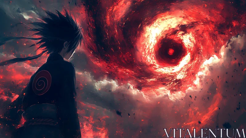 Lone anime hero gazing into a swirling crimson vortex.
