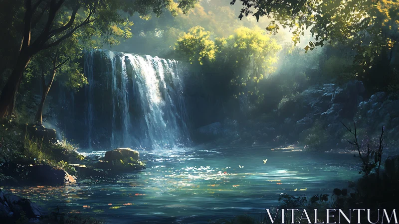 Sunlit forest waterfall pool with mist, foliage and butterflies