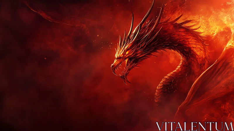 Infernal crimson dragon emerging from blazing firestorm.