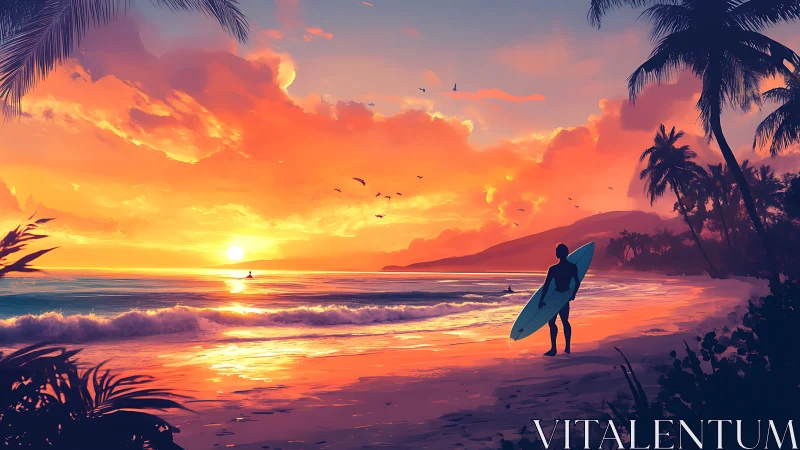 Surfer watching vivid tropical sunset over calm ocean.