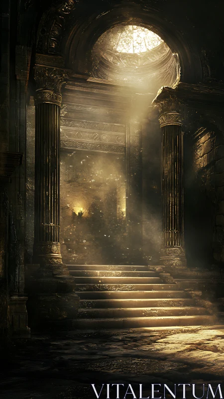 Golden light spilling into an ancient stone hall.