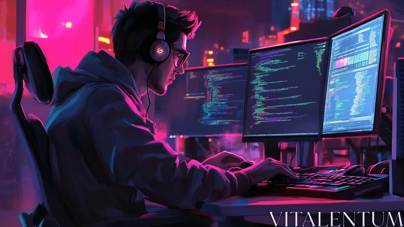 Programmer coding at dual monitors in neon office.