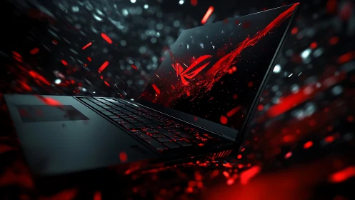 Cyberpunk gaming laptop render with dynamic red particle burst.