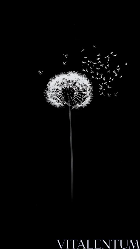 Dandelion seeds drift softly across a stark black sky