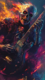 Flaming skeletal guitarist shredding in neon inferno palette.