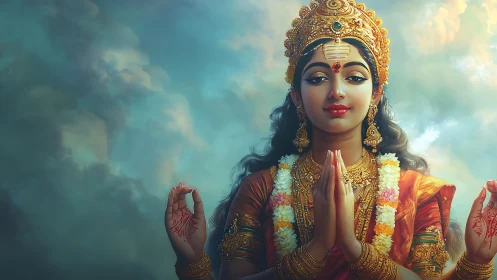 Divine Hindu goddess portrait in ornate golden regalia.