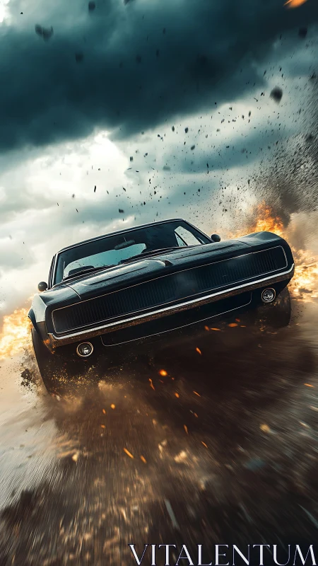 Muscle car drifts through debris with cinematic motion blur arcs