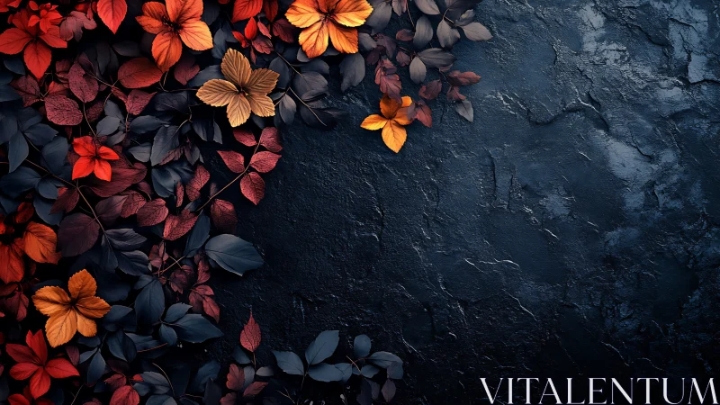 Crimson foliage frames dark stone backdrop with contrast