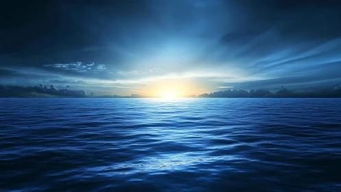 Open ocean horizon at sunrise under layered clouds.