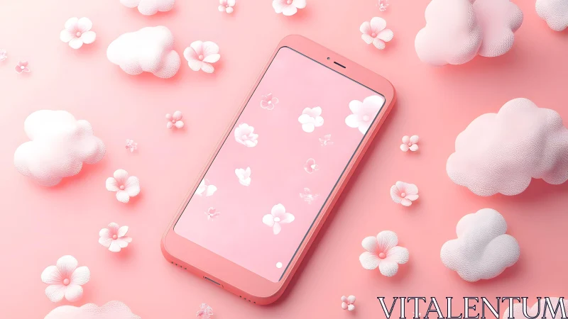 Pink smartphone with cherry blossoms and clouds in pastel 3D style.