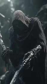 Hooded skeletal reaper holding scythe in dark misty scene.
