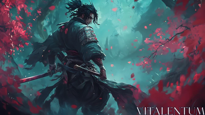 Samurai warrior in teal forest with crimson foliage digital painting.