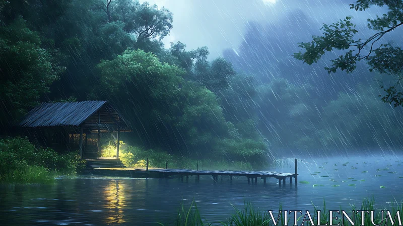 Rain-soaked lakeside cabin glows softly in the misty dusk