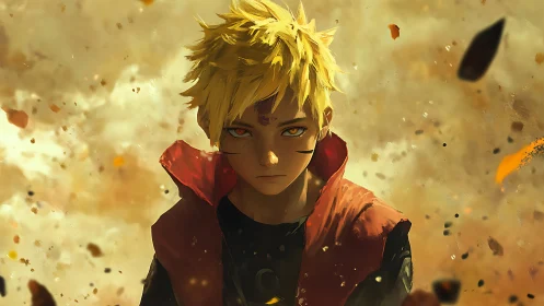 Blond anime boy in red jacket amid drifting particles.