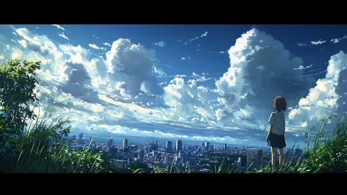 Girl on grassy hill quietly overlooking distant modern city