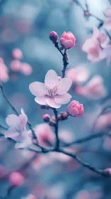Delicate Pink Blossoms Wake in Spring's Blue Dream.