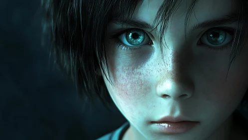 Hyperreal teal-lit child portrait with micro-detailed skin rendering.