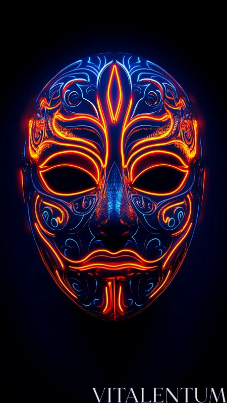 Neon-lit tribal mask glowing in electric blue and ember red.