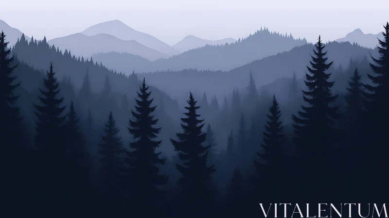 Forested mountain range in atmospheric haze and fog