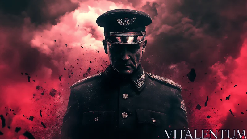 Military officer stands in front of red explosive cloud background