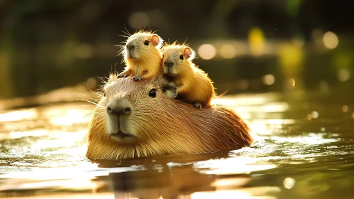 Hydrodynamic capybara trio in golden-hour aquatic transit.