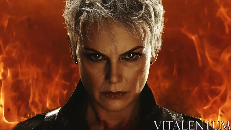 Intense silver‑haired warrior portrait against blazing flames