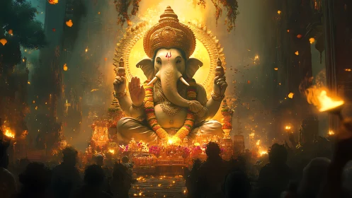Illuminated Ganesha idol rendered with volumetric firelit ambience