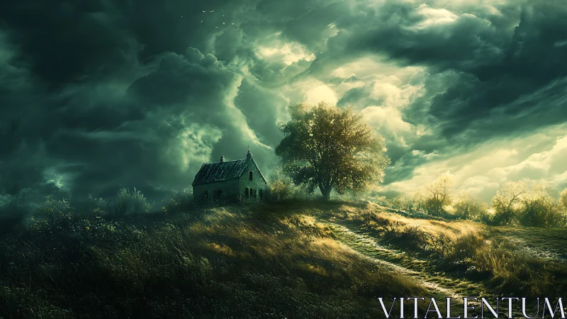 Isolated cottage on windswept hill under dense storm clouds.
