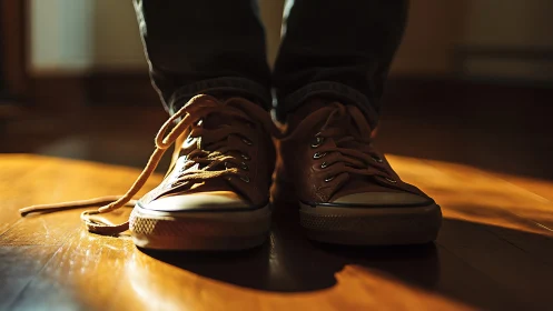 Sunlit sneakers and wandering laces on a wooden floor.