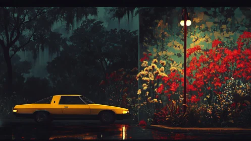 Yellow car by roadside garden under night streetlamp.