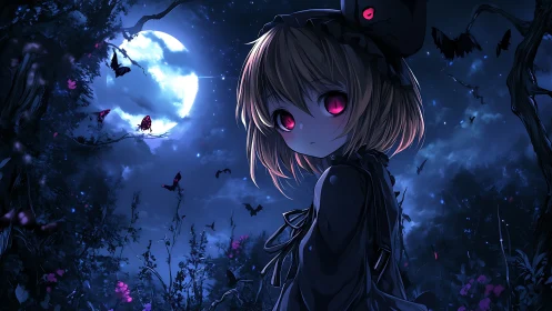 Moonlit crimson-eyed wanderer in a whispering bat forest.