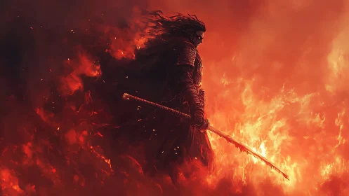 Flaming samurai strides through inferno with unyielding resolve