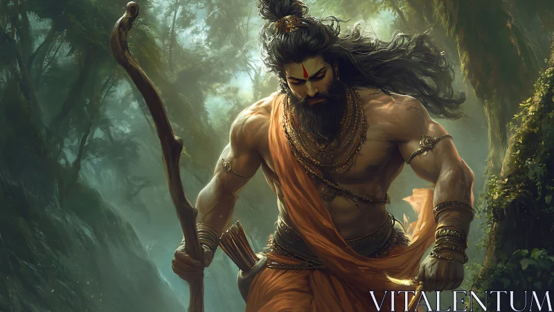 Warrior sage strides through misty forest with steady grace