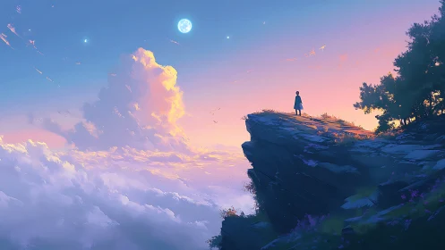 Solitary figure on cliff surveys ethereal sunset cloudscape
