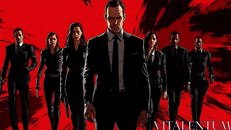 Armed suited agents stride forward against red explosive backdrop