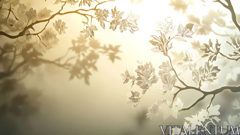 Botanical branch silhouettes with layered floral outlines.