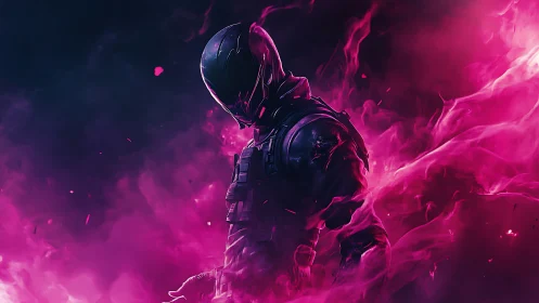 Armored sci fi soldier stands in glowing pink smoke cloud.