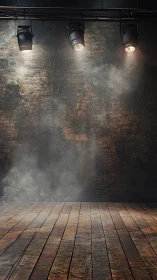 Empty wooden stage with brick backdrop under spotlights.