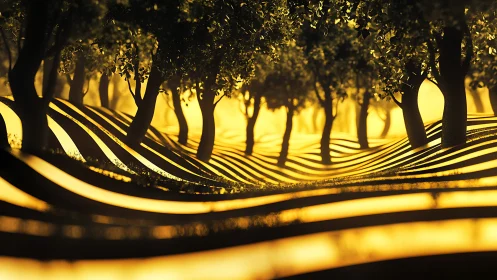 Golden waveforest where striped light dances between trees.