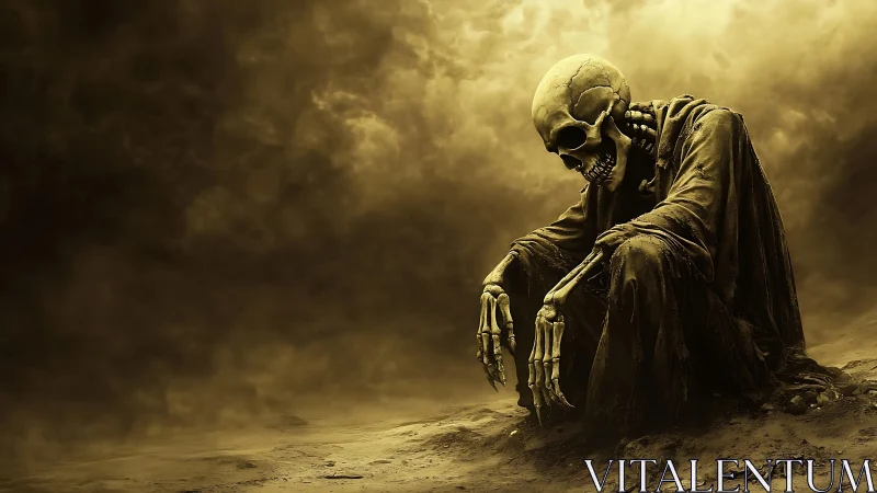 Desaturated robed skeleton seated in eroded wasteland under dense clouds