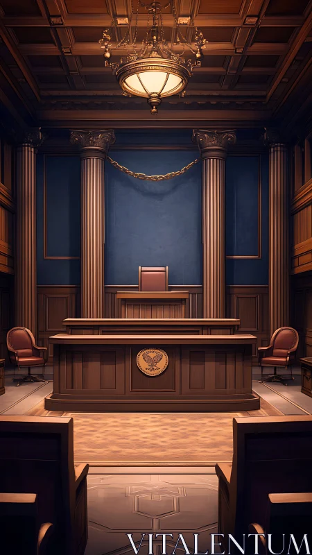 Formal courtroom interior with wooden judge&rsquo;s bench and seats.