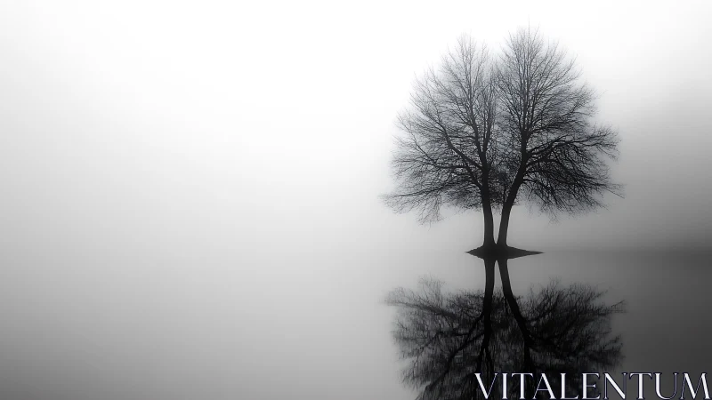 Leafless tree and reflection in fog over still water.